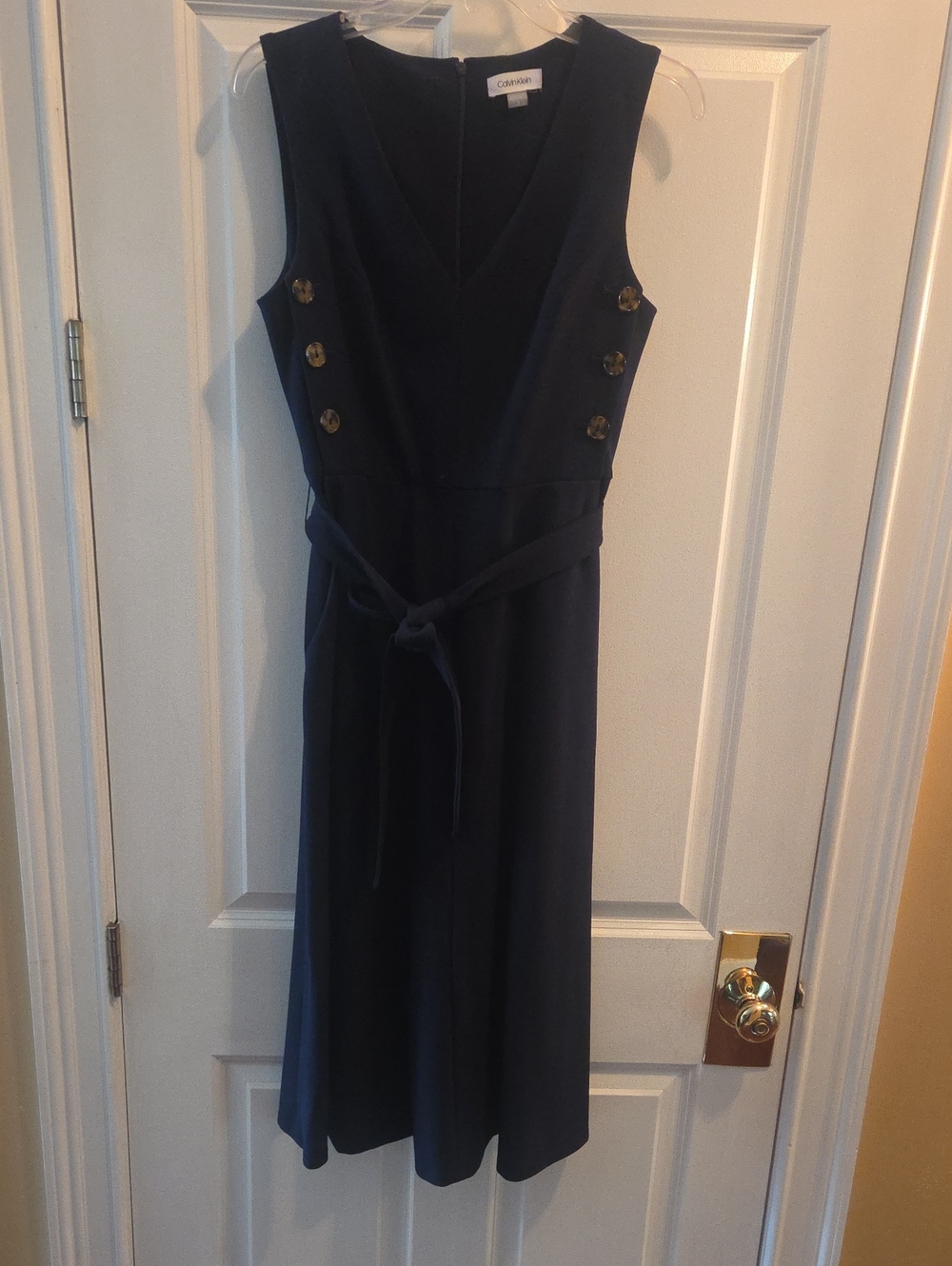 Calvin Klein Navy V-Neck Midi Dress with Side Button Detail